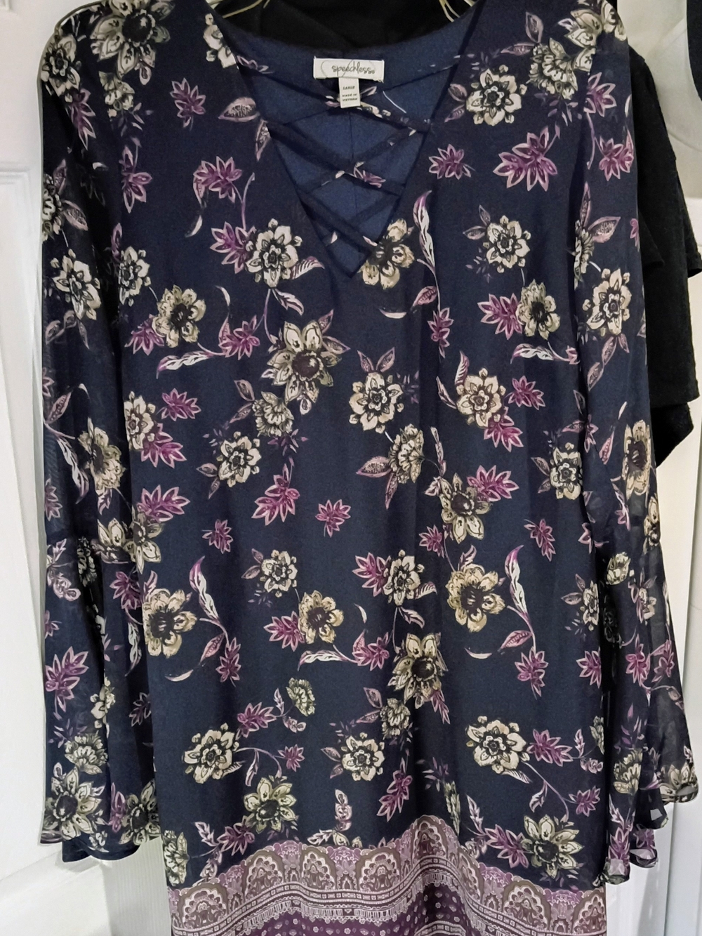Navy Floral Lace-Up V-Neck Long Sleeve Dress
